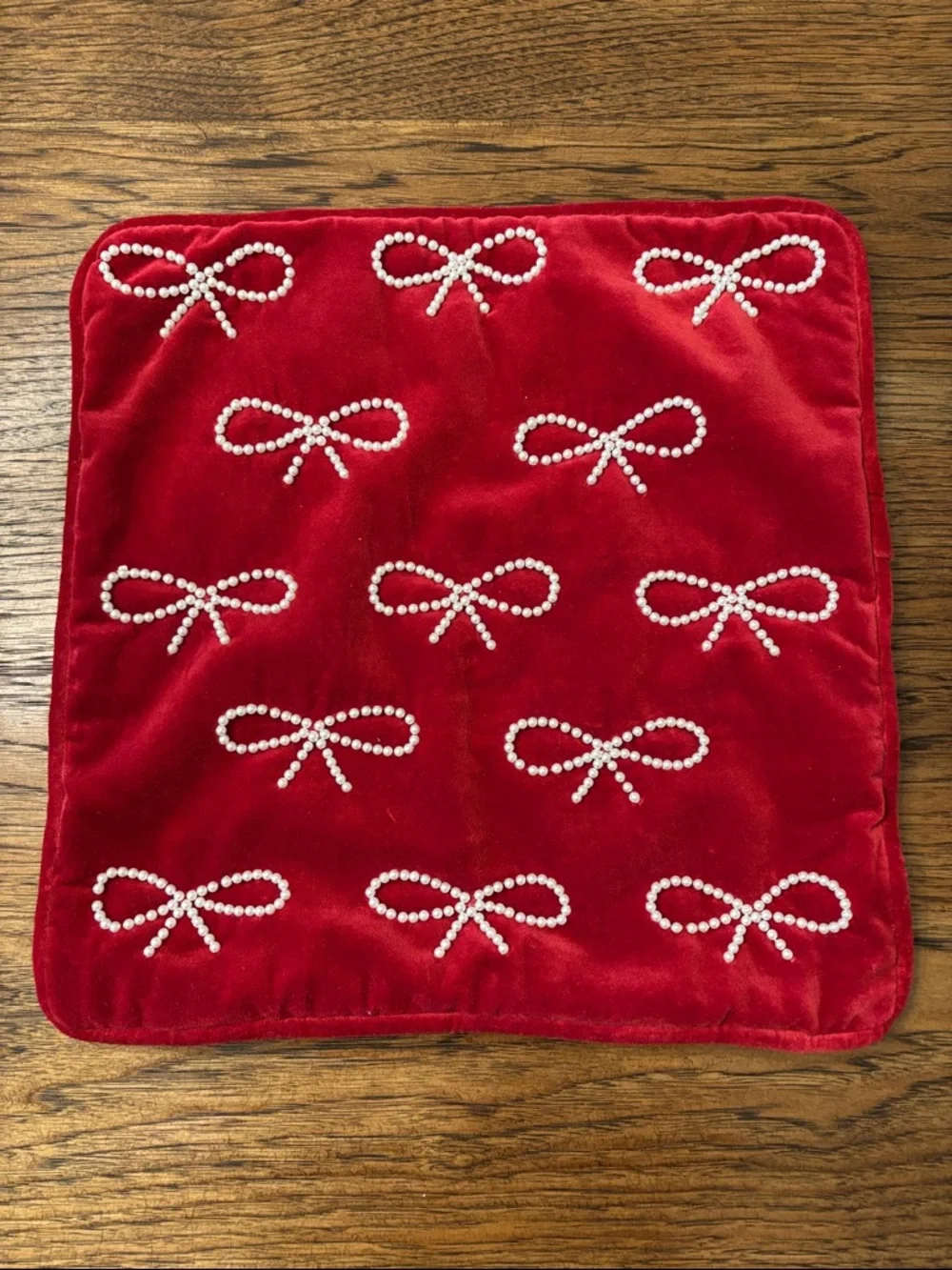 Red Velvet Pearl Bow Pillow Cover 16” Christmas Holiday Accent Pillow